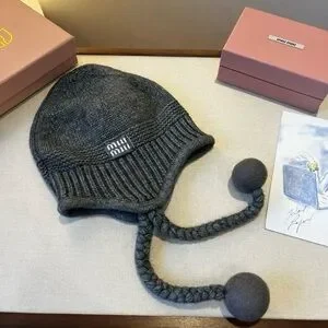Miu Miu Knitted Grey Hat With Braided Ties - NWT Shop Knitted Grey Hat with Braided Ties on Sale at  main image 4